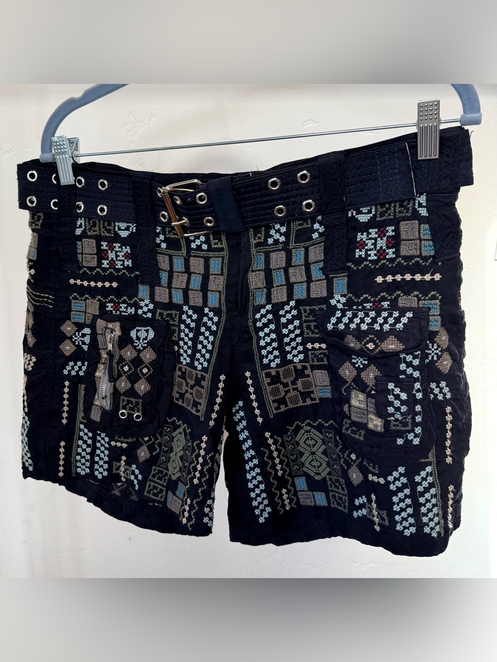 Johnny Was Black Embroidered Cargo Shorts with Multicolor Motifs